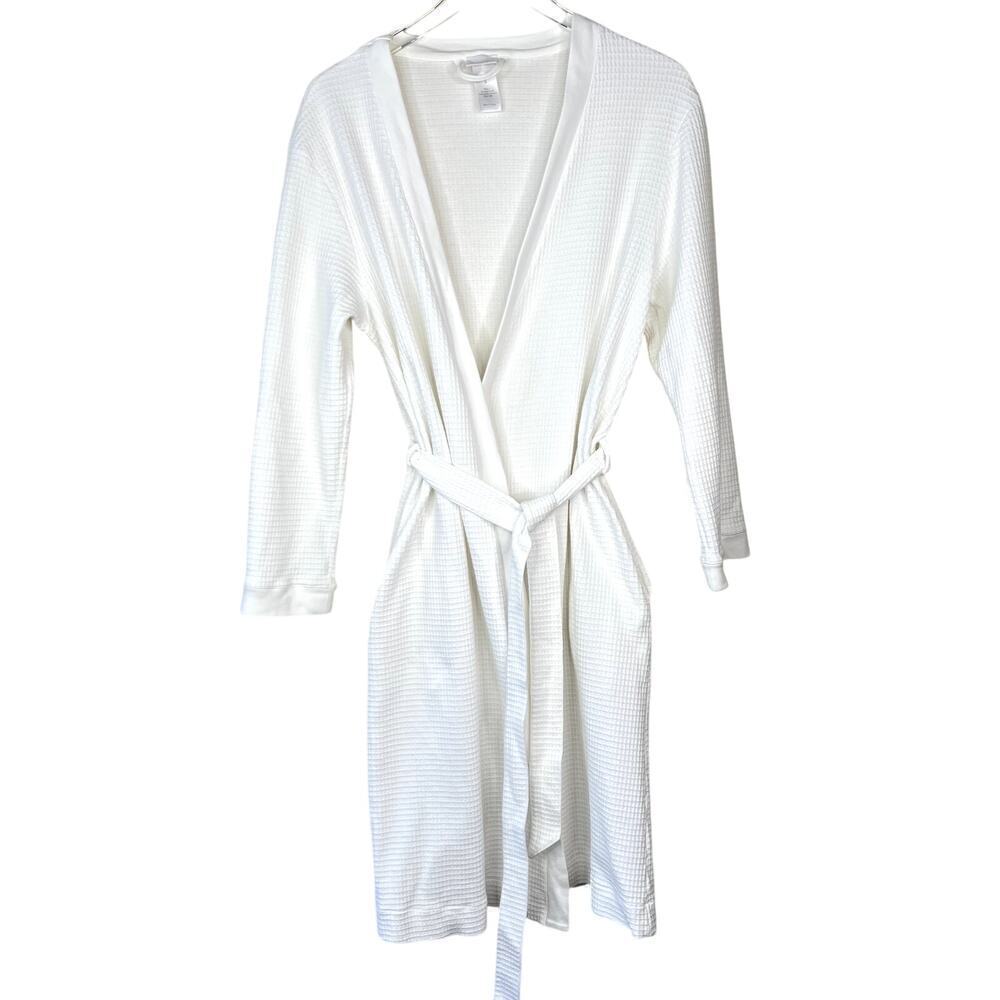 Hanro 100% Cotton Waffle Bath Robe White Women's SMALL Belted Tie Waist